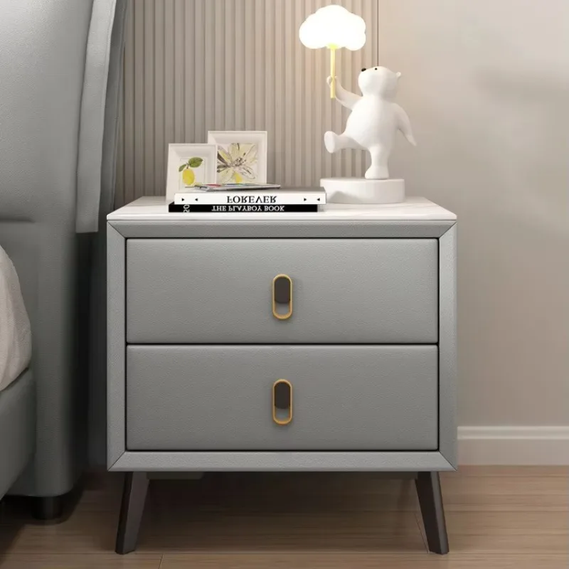 *Modern solid wood and stone leather wrapped multi-function double drawer storage bedside table