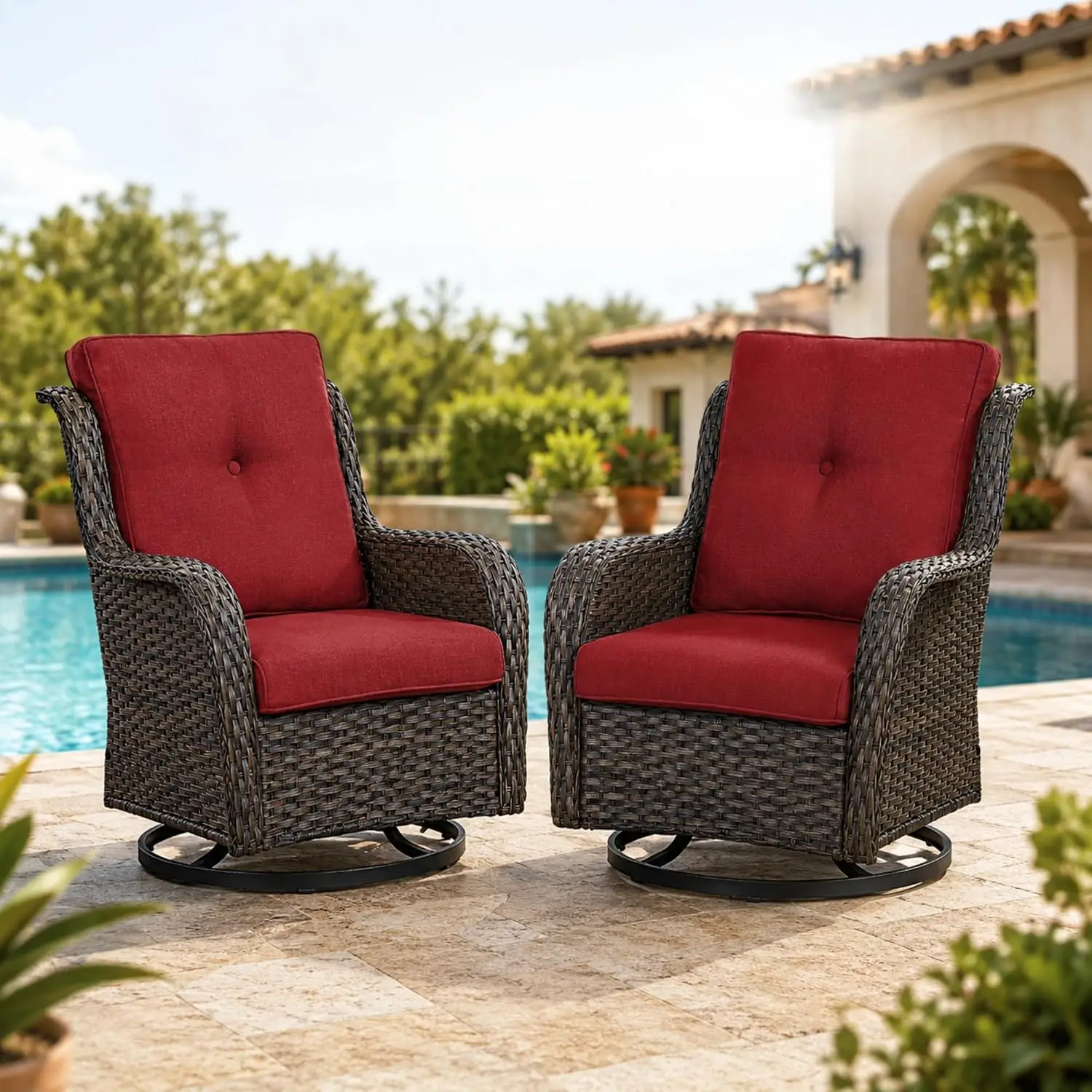 2pc Wicker Patio Swivel Rocker Chair Brown PE Rattan Steel Frame High Back Deep Seat 360 Glider Outdoor, Customized