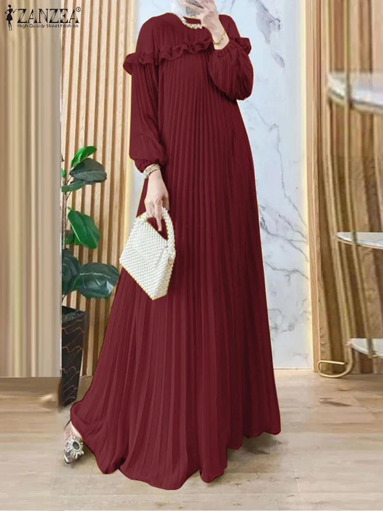 ZANZEA Elegant Hijab O Neck Maxi Dress Pleated Women Solid Muslim Islamic Abaya Robe Lantern Sleeve Casual Ruffles Vestidos
