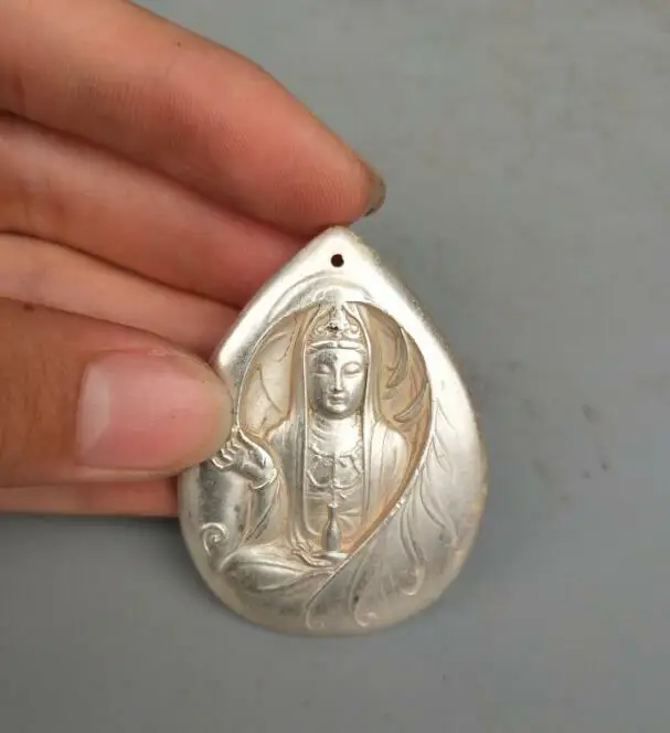 Collection Tibetan Silver Hand Carved Guanyin Bodhisattva Buddha Amulet Pendant