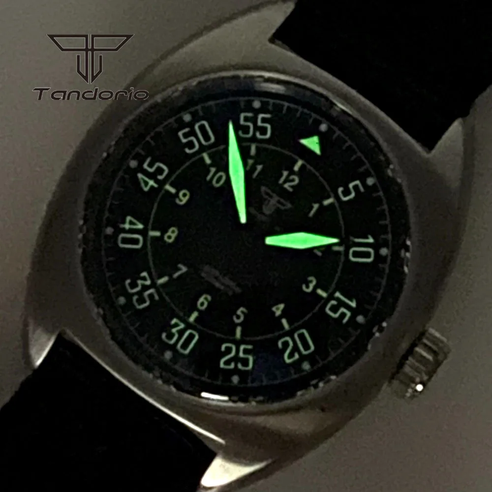 Tandorio Double Domed AR Sapphire 200M 36mm Dress Automatic Men\'s Dive Watch NH35A PT5000 Black Dial Nylon Strap Green Luminous