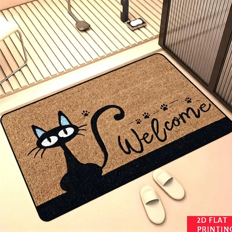 Black Cat Welcome Doormat Beige Coir Base Script Text Paw Print Non Slip Outdoor Porch Rug For Feline Lover Entrance Home Decor