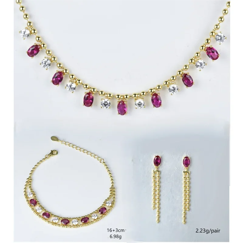 

Carline topsale OEM 925 sterling silver red corundum zircon charms necklace bracelet earrings 18k gold plated fine jewelry set