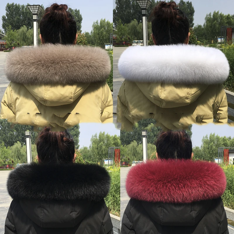 Fox Fur Collar Natural Hood Women Winter 100% Real Fur Scarf Warm Furry Fur Shawls Down Jackets Genuine Leather Fluffy Scarves