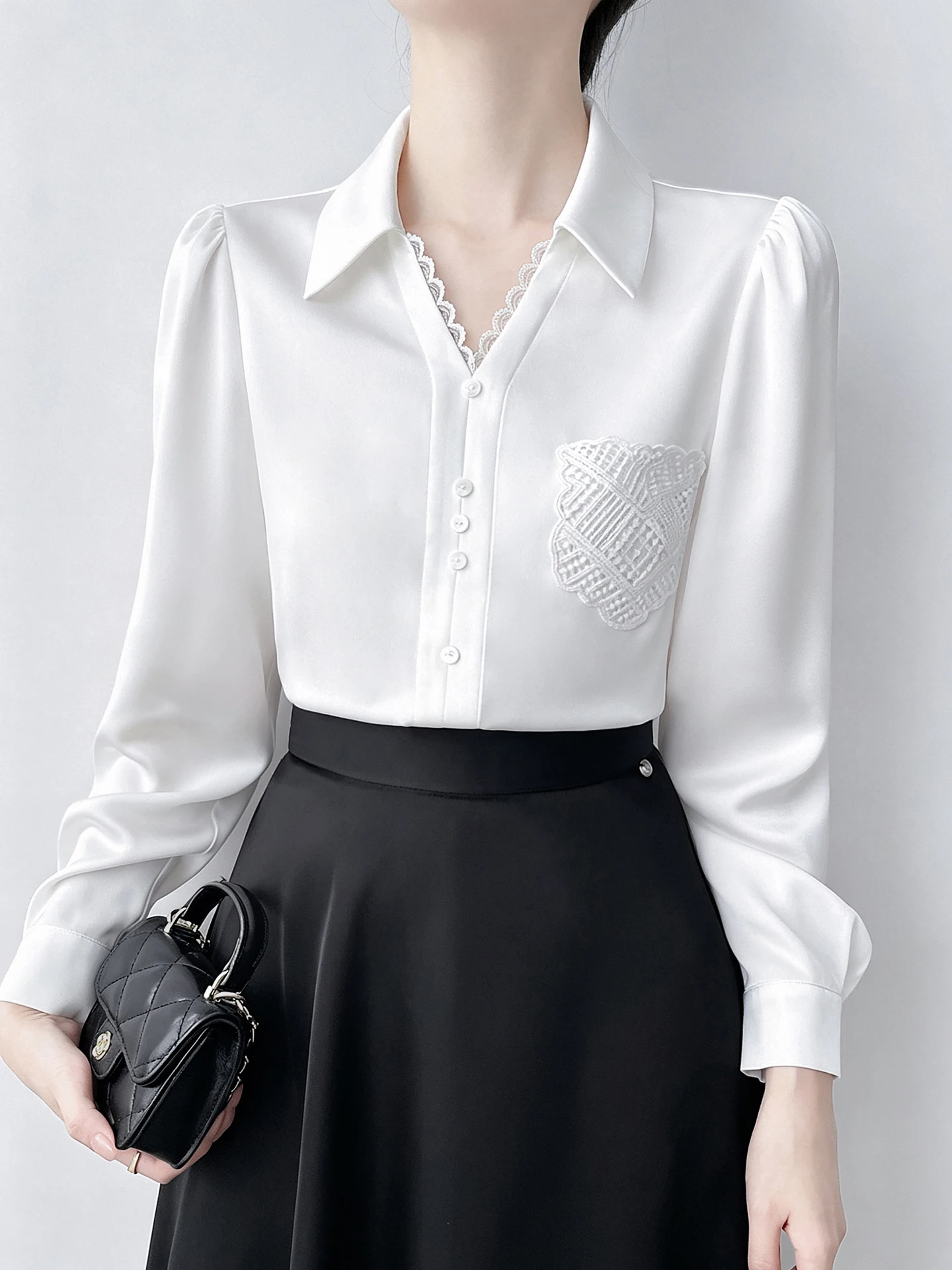 White Silk Blend Long Sleeve Lace Patchwork V-Neck Business Commute Style Women's Shirt by Hanpooraya Autumn New Arrival