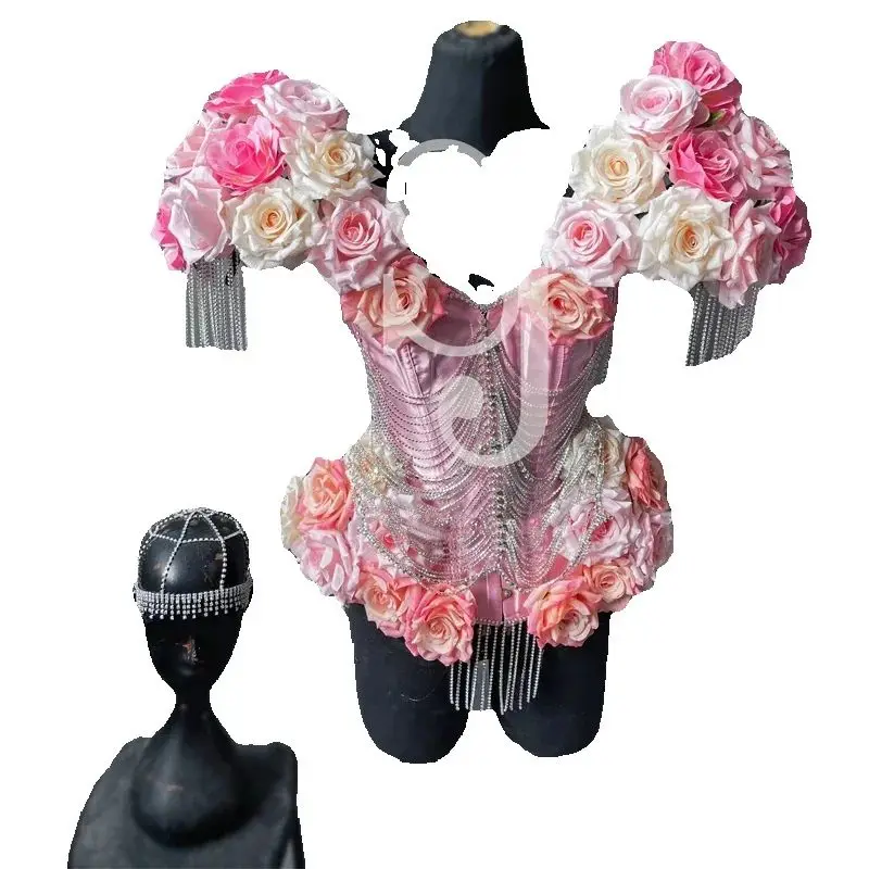 花のボディスーツフェスティバル衣装女性ゴーゴーダンサー衣装ステージジャズドレスレイブ服