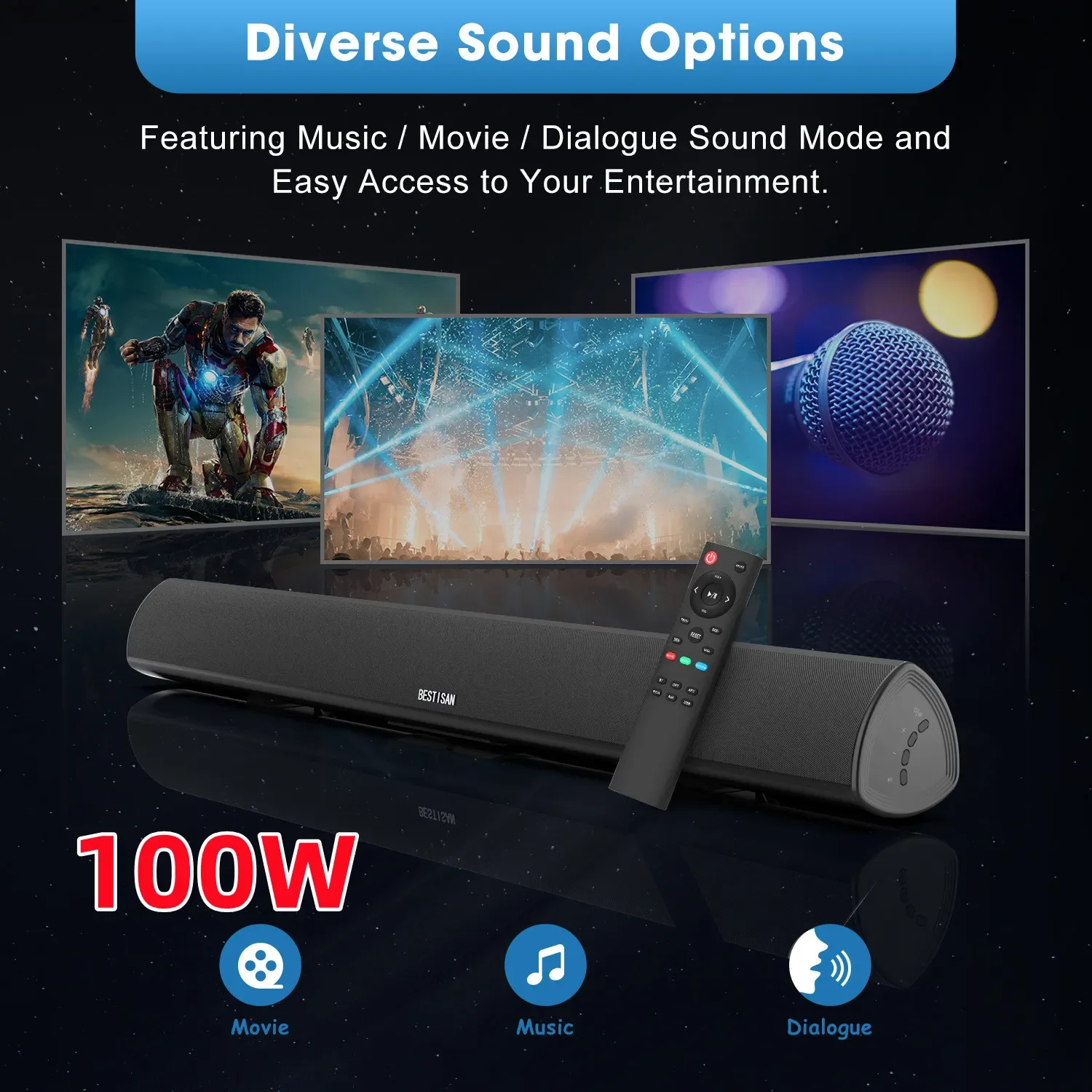 100W High-power TV Sound Bar Home Computer Wireless Bluetooth Speaker Subwoofer with Remote Control RCA Optic Echo Wall Soundbar