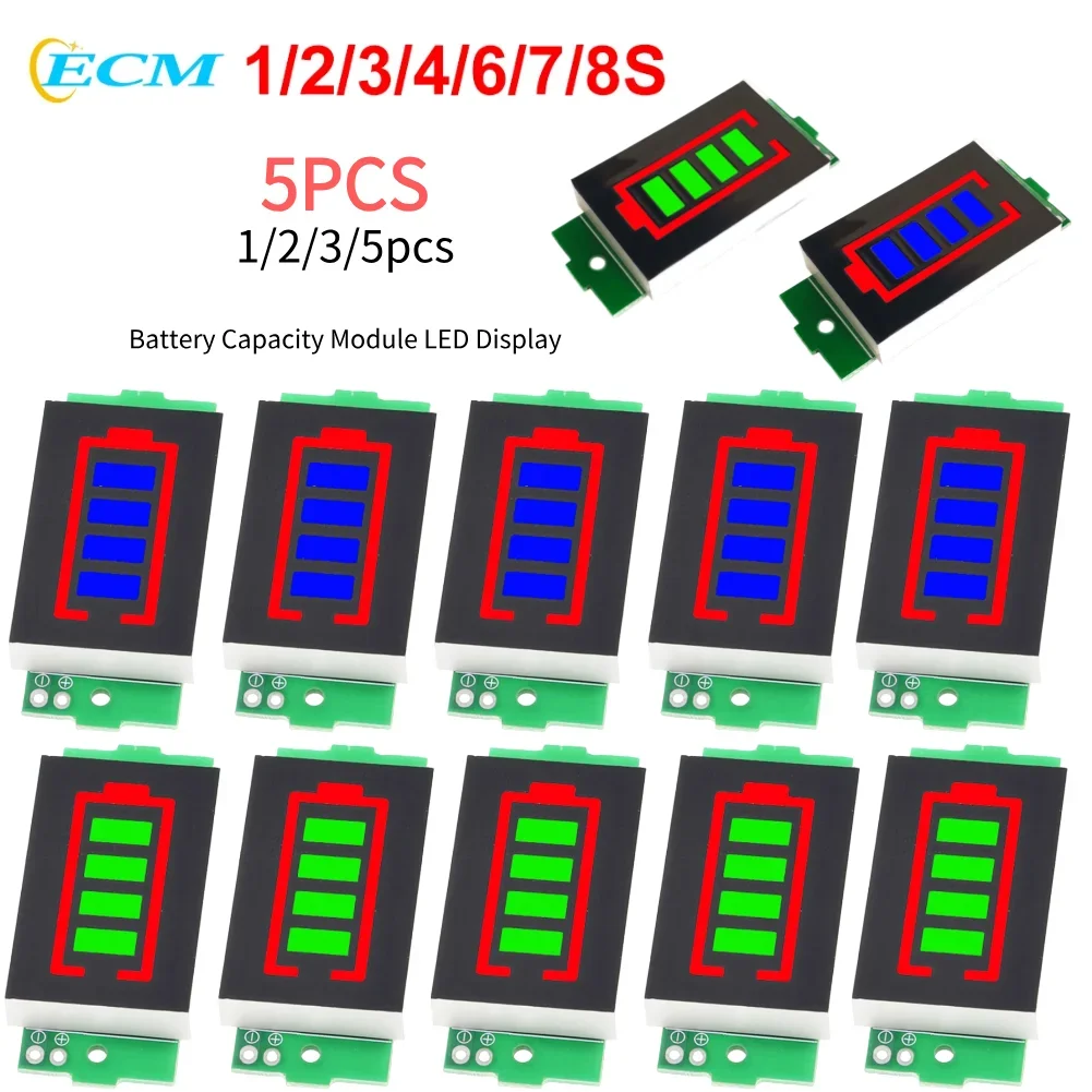1/2/3/4/6/7/8S Lithium-Batterie-Füllstandsanzeige, LED-Anzeige, Lithium-Batterie-Messgerät, Anzeigemodul, 4 Abschnitte, 3–34 V, 5 mA