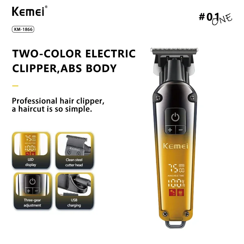 KEMEI KM-1866 Trimmer for Men with T-Blade Zero Gapped 7500RPM LCD Display 1200mhA Professional Barber Cutting Machines