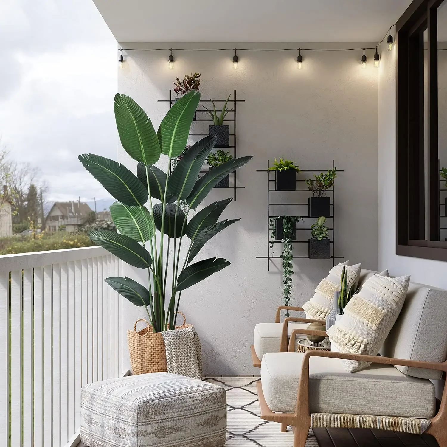 Artificial Bird of Paradise Plants 4/5/6 Ft Fake Tropical Palm Tree in Pot and Woven Seagrass Belly Basket Faux Plant