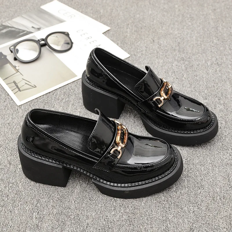 Women Pumps Loafers Chunky High Heel Platform Metal Chain Female Shoes Ladies Retro Fashion Round Toe Casual College Footwear