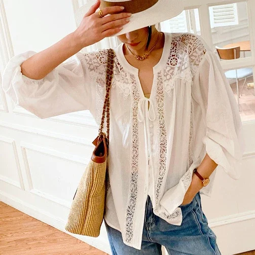 TEELYNN Cotton White Lace Blouses Shirt Women Vintage Top Oversize Lantern Long Sleeve Blouse Boho Beach Loose Ladies Blusas