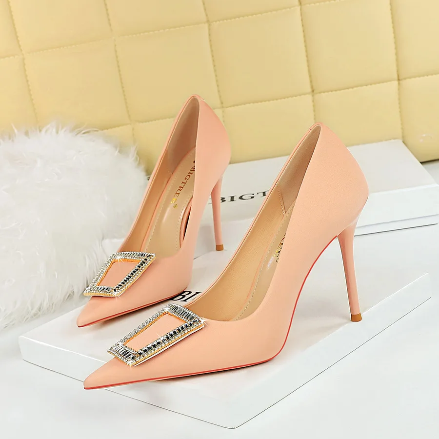 Korean Style Fashion Womens High Heels Stiletto Low-Cut Pointed Toe with Metal Buckle Rhinestone Buckle High Heel Shoes Pumps