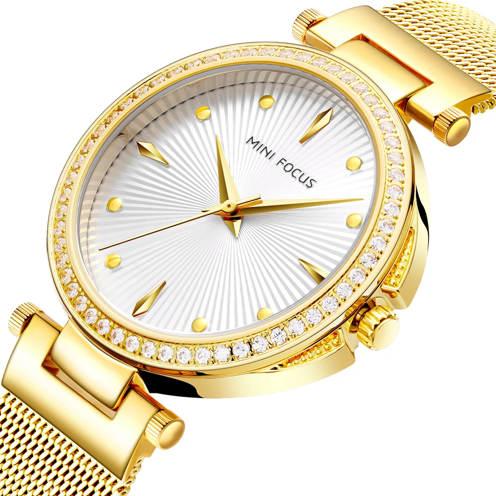 MINI FOCUS MF0194L Luxury Women Quartz Watch Fashion Diamonds Case Mesh Stainless Steel Band Waterproof Lady Dress Watches