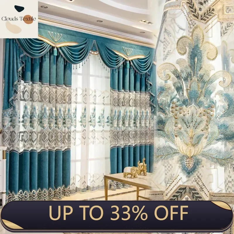 

European Style Luxury Green Curtains for Living Room Bedroom Dining Window Drapes Blackout Embroidery Curtains Customize