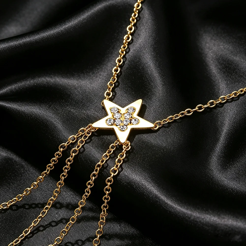 Star Hand Chain Bracelet Clear Rhinestone Double Finger Ring Adjustable Hand Harness for Women Wedding Party Festival Jewelry