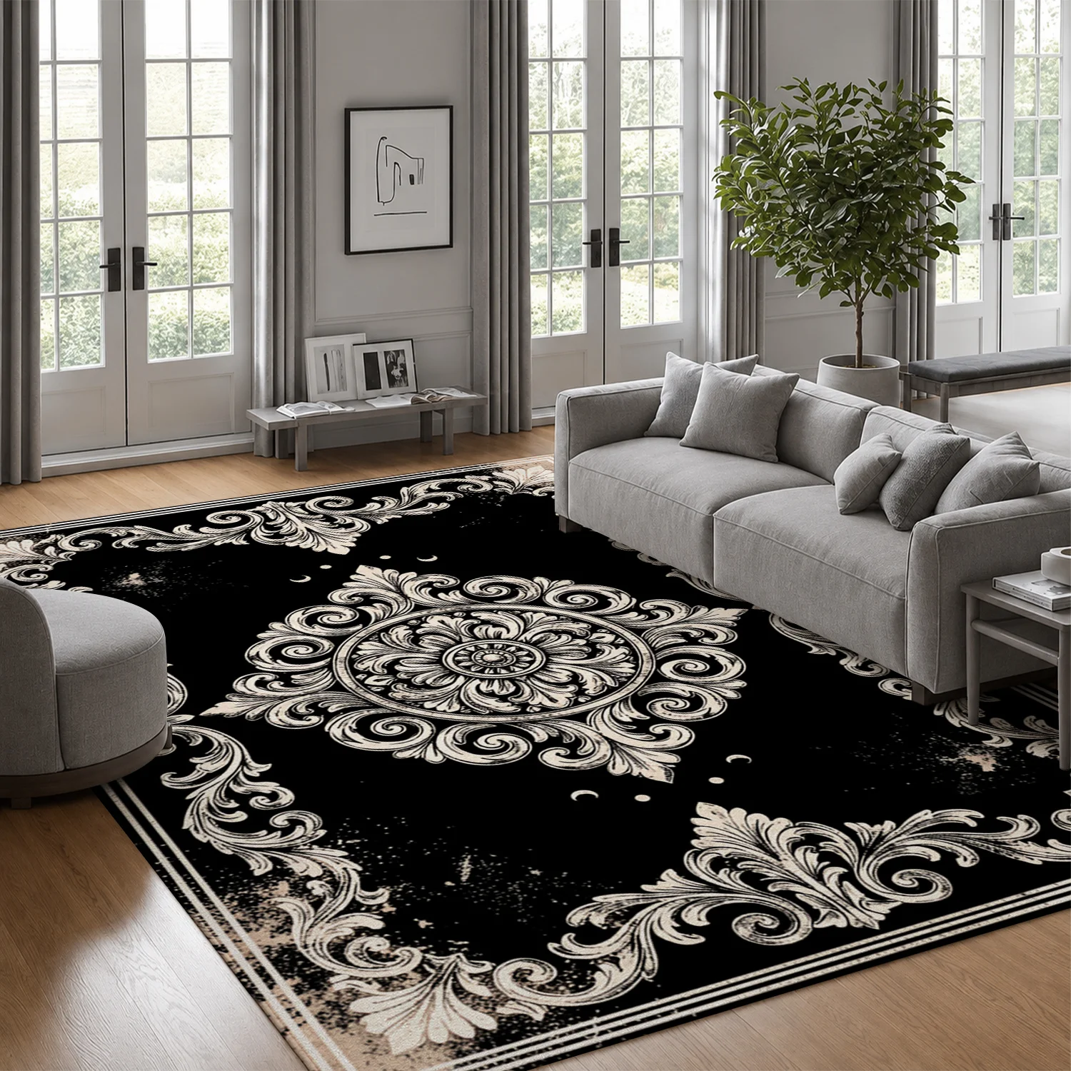 Vintage Ornate Floral Scroll Pattern Area Rug, Velvet Material, Machine Washable Soft Floor Mat for Living Room, Bedroom, Dining Room, Hallway, Perfect for Halloween, Thanksgiving, Christmas, New Year, Black Friday, Cyber Monday Home Decor