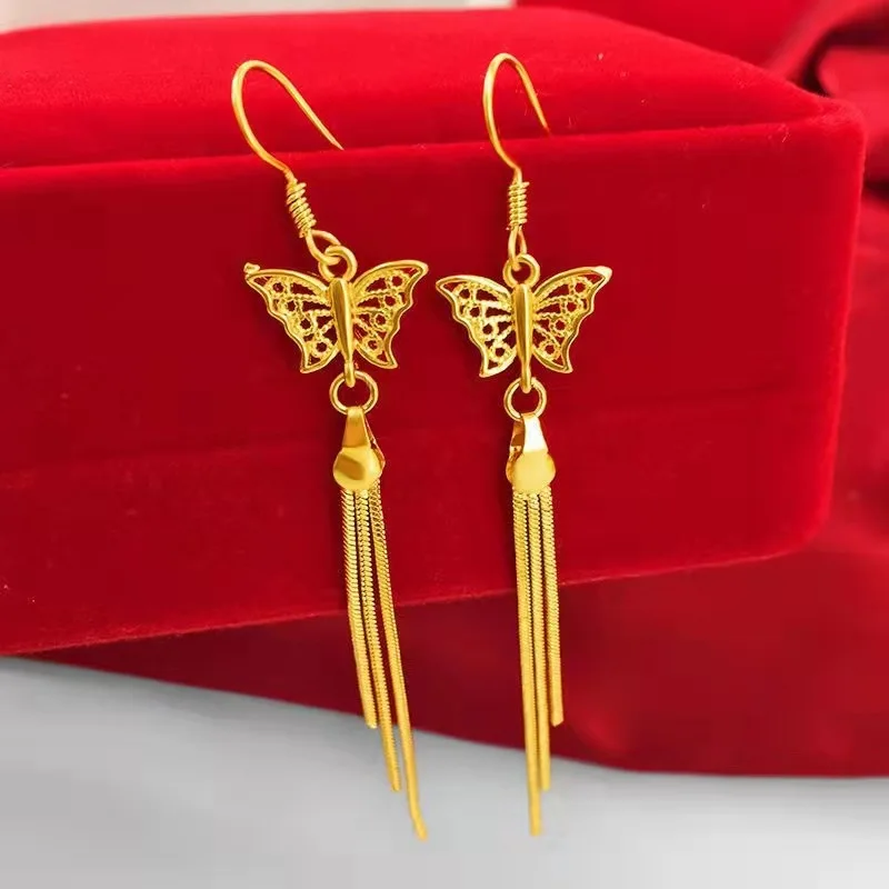 

High quality gold 24K tassel butterfly earrings 999 long AU999 earrings for women pure gold metal stamps