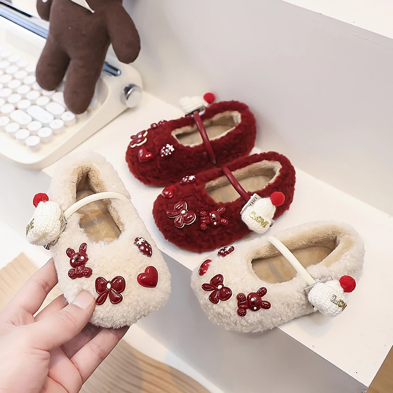 

2025 New Kids Cotton-padded Shoes Winter Toddler Girls Fashion Princess Mary Jane Party Dress Flats Ballets Children Warm Fur
