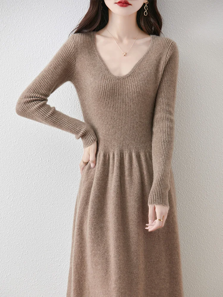 

Women Wool Sweater Dress Autumn Winter V-Neck Slim Solid Soft Pullover 100% Merino Wool Knitwear Korean Popular Clothing Tops