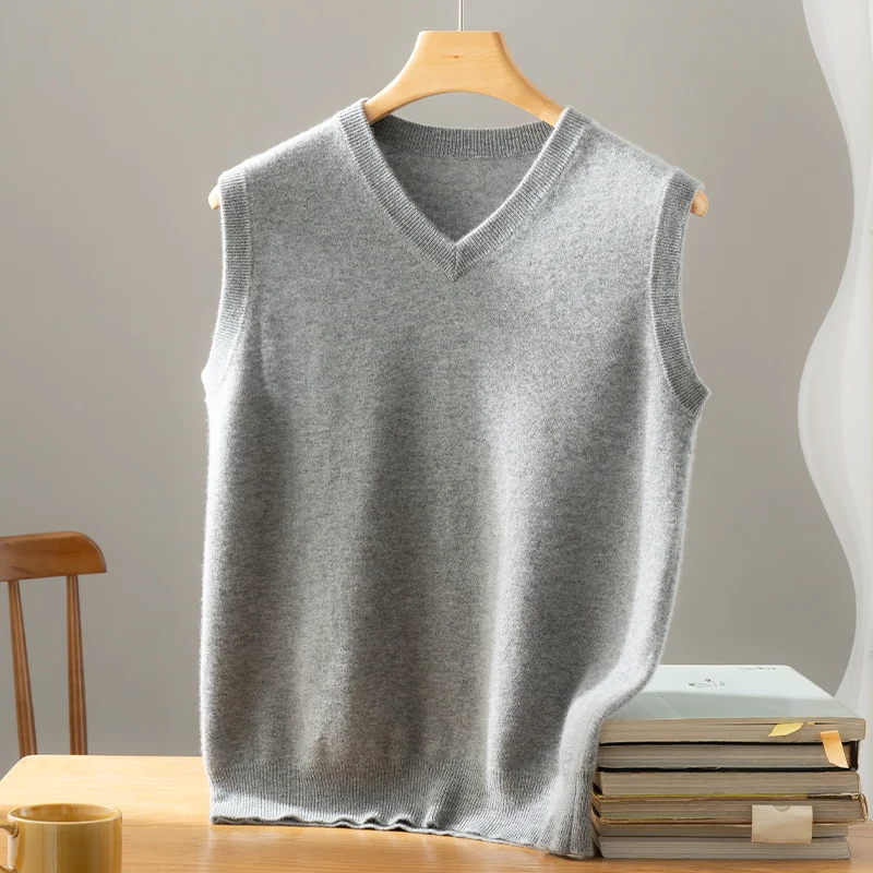 

Men's 100% Cashmere Pullover Vest V-neck Sleeveless Autumn Winter Simple Versatile Soild Smart Casual Knit Waistcoat High-end