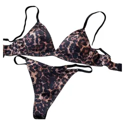 Bra & BrIef Sets Gather Leopard Satin Push Up Bra Sexy Bow Tie Intimates Fashionable Gathering thick cup G-string underpants