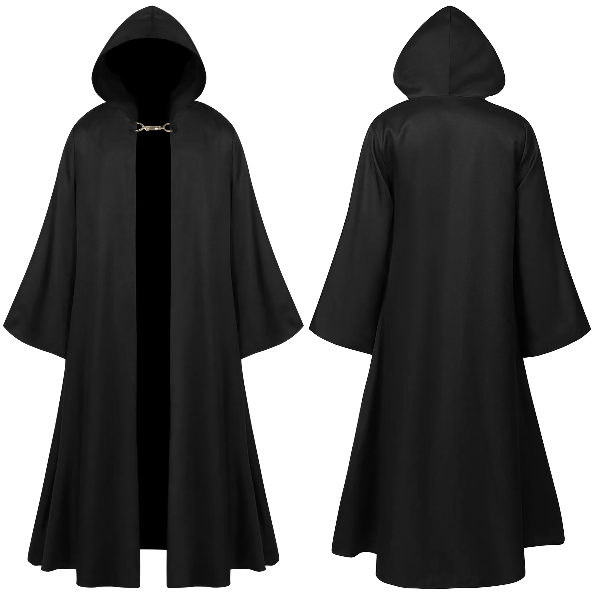 Vintage Gothic Medieval Hooded Wizard Cloak Cape Coat Men Black Long Trench Coat Halloween Performance Cosplay Costume