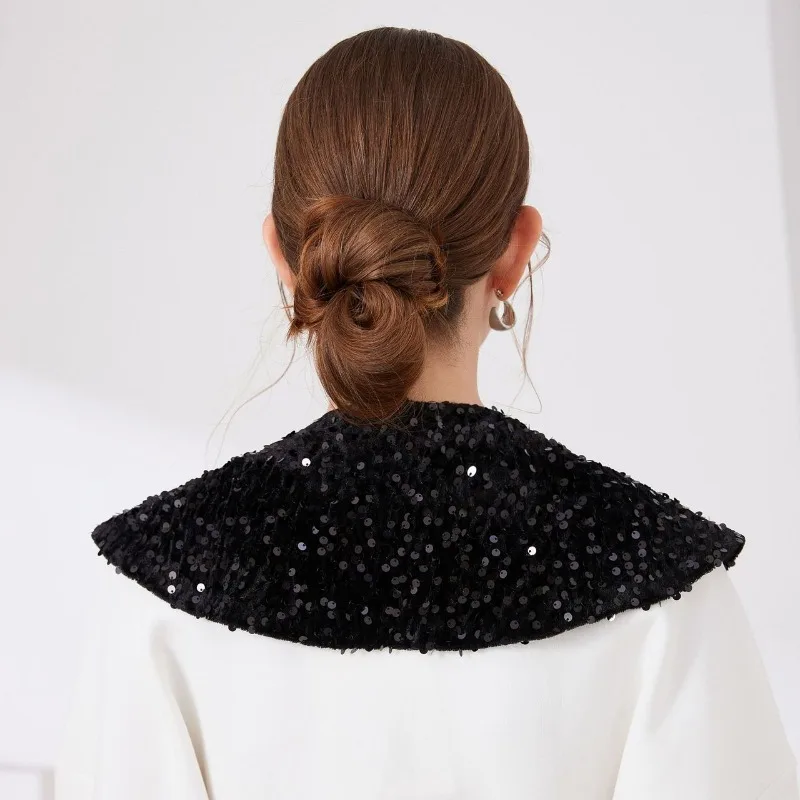 여성용 셔츠 가짜 칼라, 여성용 스팽글 장식 클래식 라펠 셔츠, 탈부착 가능한 숄 가짜 칼라, 여성 및 소녀 의류용