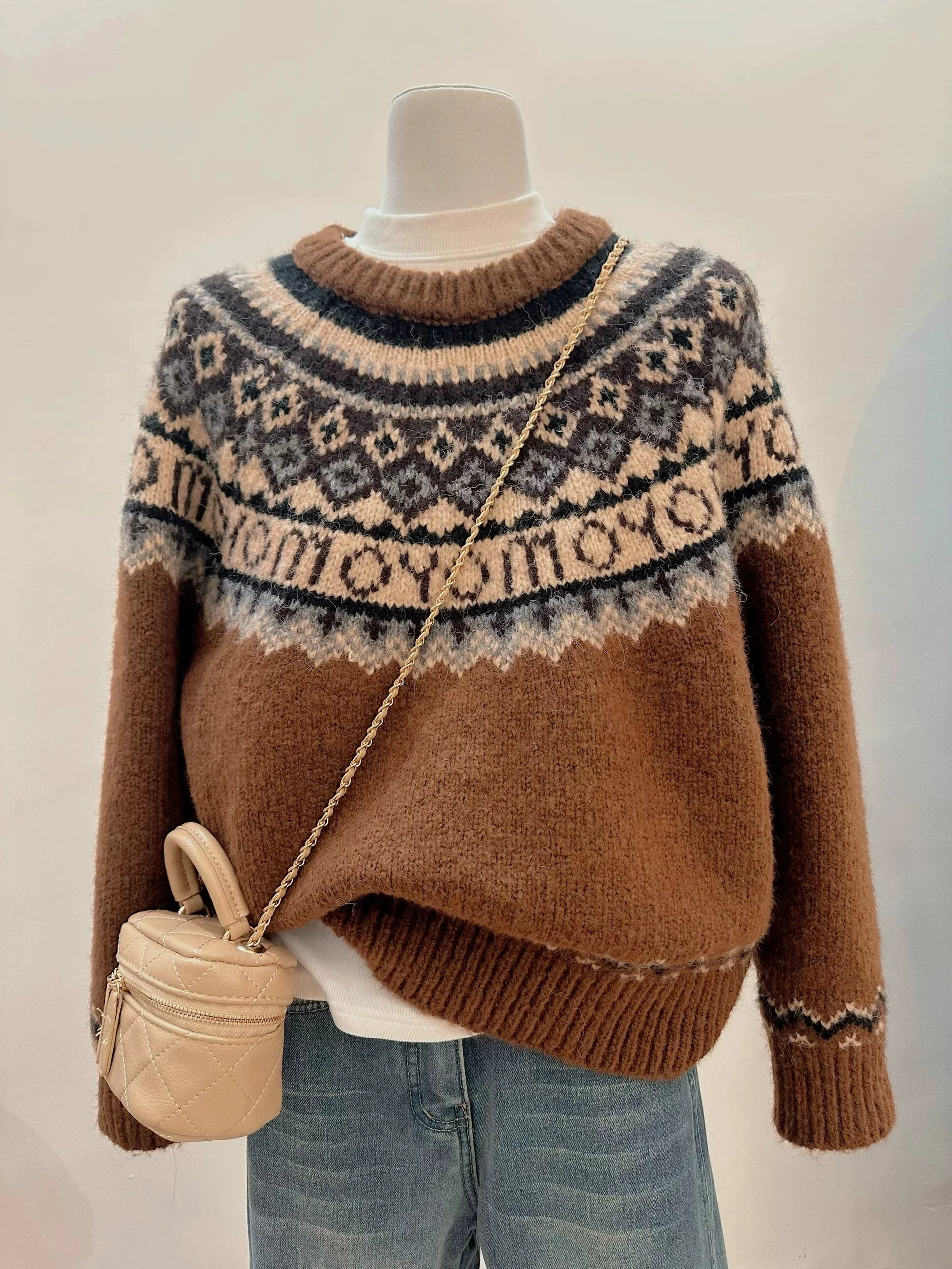 

Soft Cozy Fair Isle Knit Sweater Women's Loose Lazy Sle Autumn Winter Faion Commute Sle Embroidered Splicing Ribbed