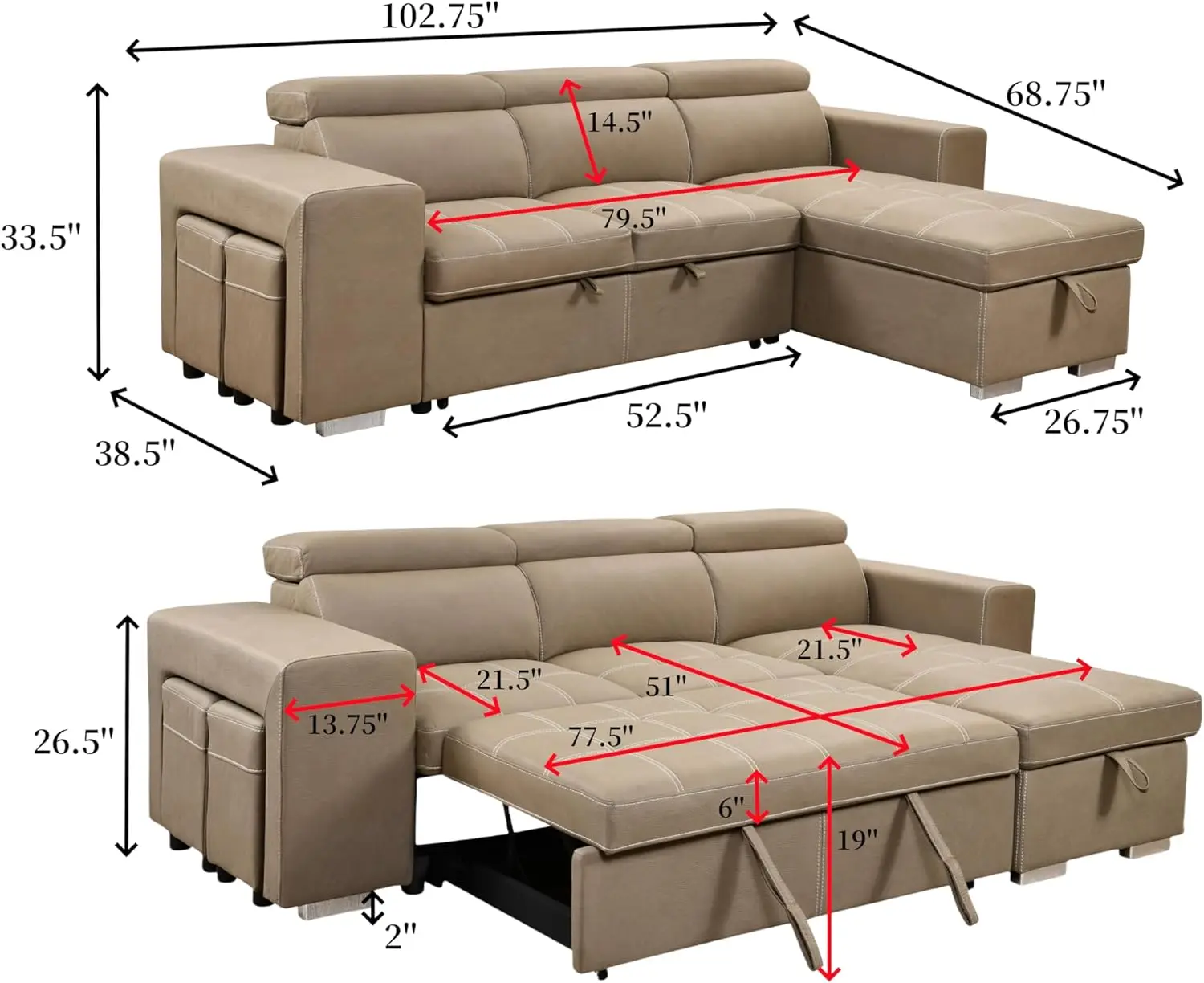 

102'' Microfiber Sectional Sleeper Sofa. Featuring a Reversible Storage Chaise, Adjustable headrests, and Two stools, Co