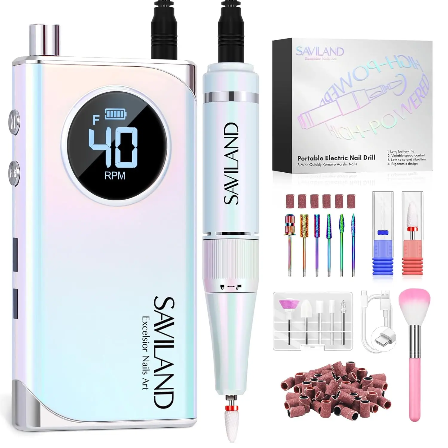 เครื่องเจียรเล็บแบบมืออาชีพ 40000 รอบต่อนาที ชาร์จซ้ำได้ พร้อมแบตเตอรี่ 6000mAh และหัวเจียร 13 แบบ สำหรับทำเล็บอะคริลิคทั้งมือและเท้า