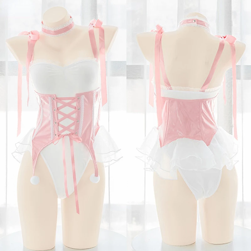 

Anime Cosplay Sexy Pink White Patent Leather Women Girl Girdle Neck Ring Bodysuit Jumpsuits Underwear Suit Costume