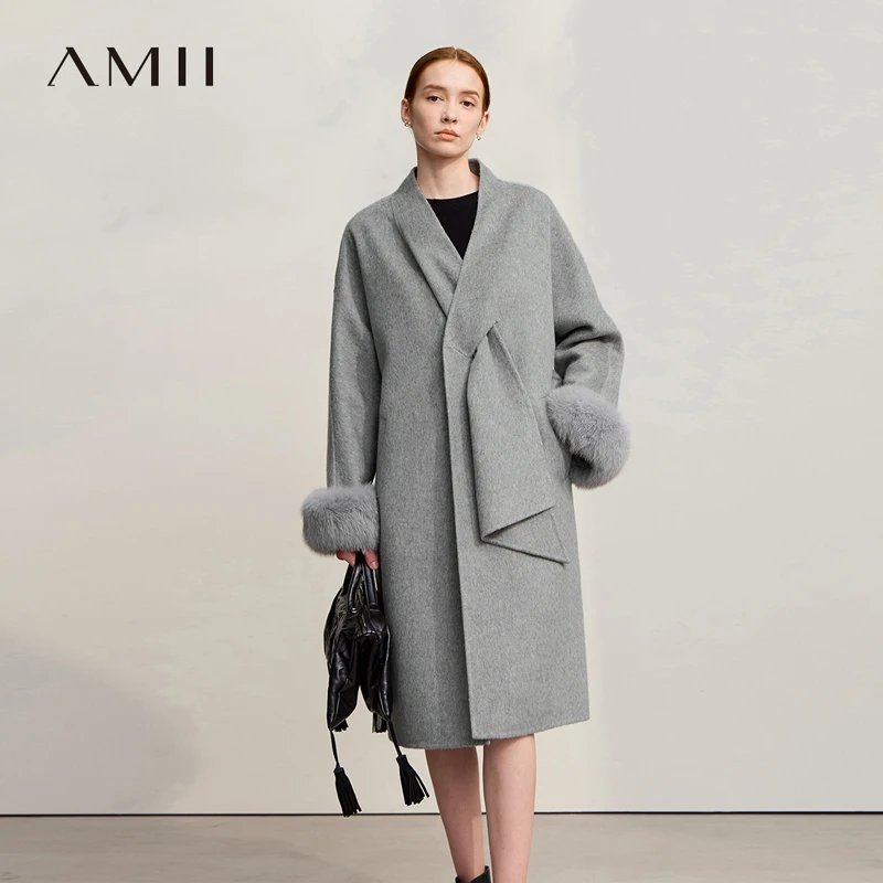 Amii Wool Coat For Woman Loose Warm Long Women's Coat Drop-shoulder Sleeves Elegant V-Neck 2026 Winter New Double-sided 12554029