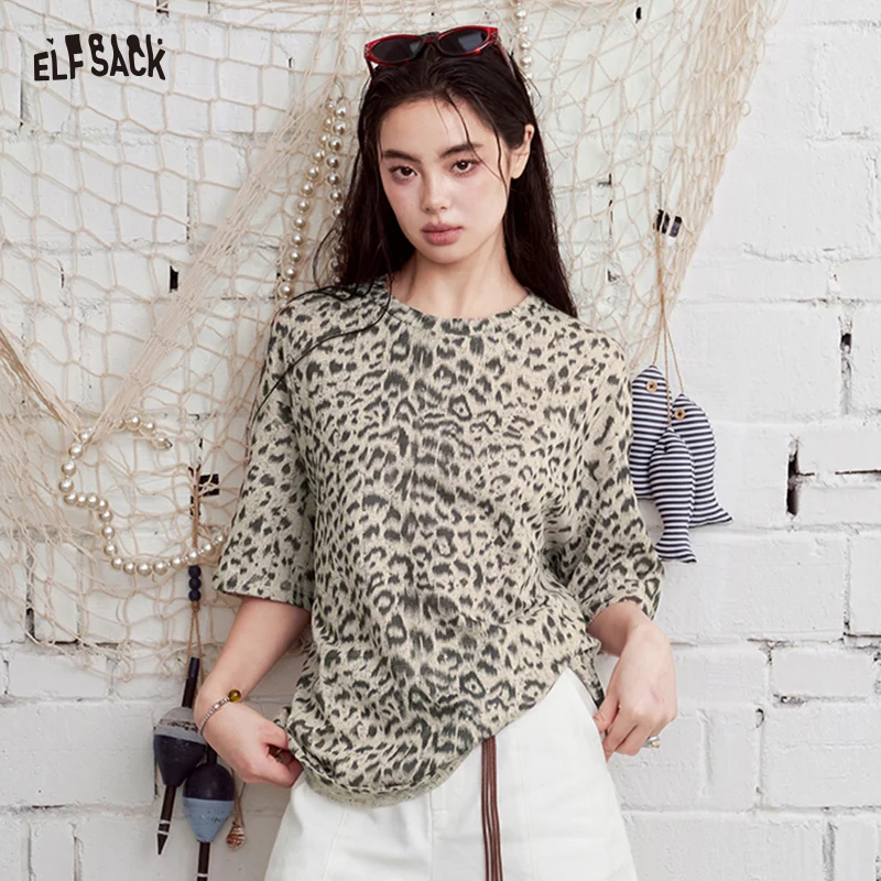 

ELFSACK Leopard Print Oversized T-Shirt, Round Neck Casual Tee