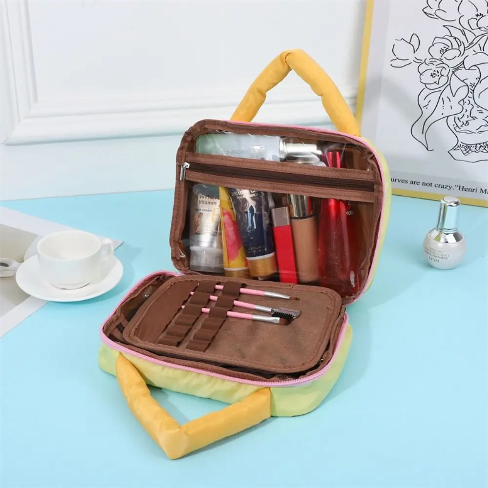 Cotton Stuffed Handle Contrasting Colors Cosmetic Bag Korean Style Toiletries Organizer Makeup Pouch Bag Handbag