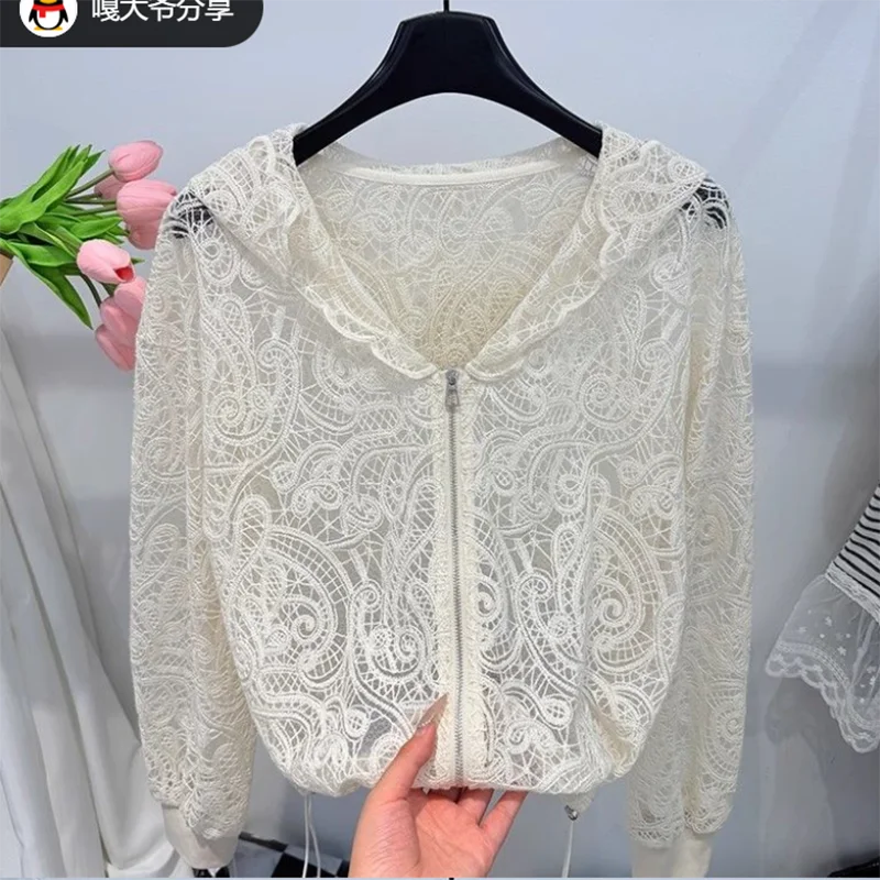 

Elegant Lace Patchwork Hooded Short Long Sleeve Women's Jacket Summer 2026 New Hooked Hollow out Sun Protection Top