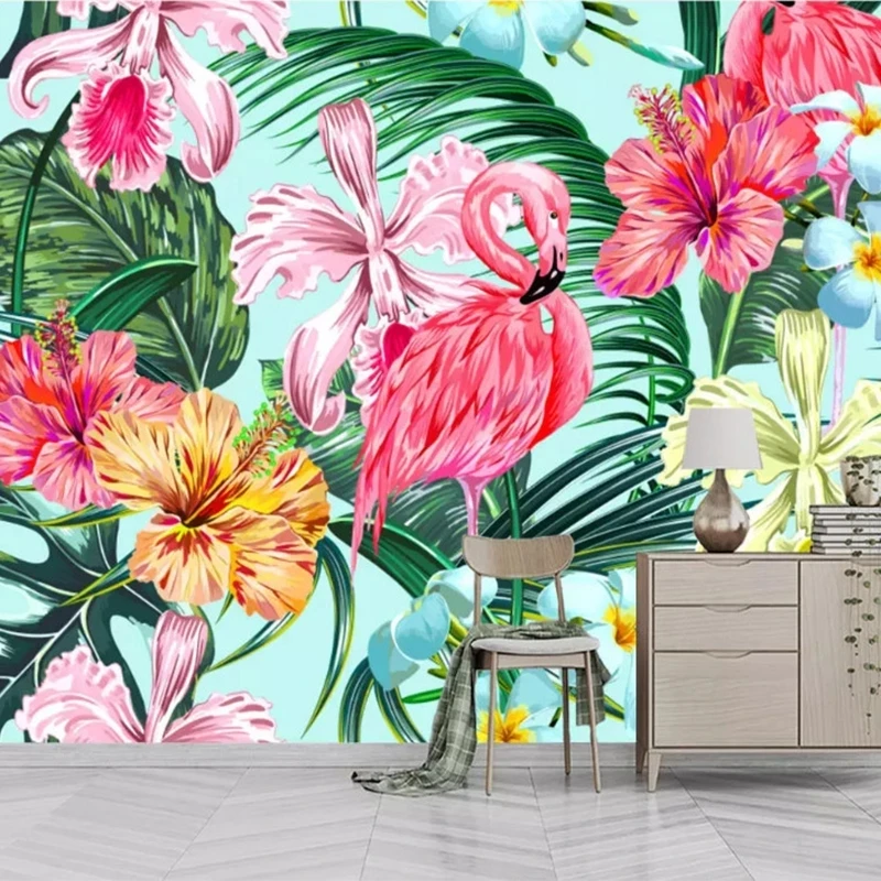 Customized Photo 3D Mural Tropical Plant Leaf Pink Flowers Birds Wallpaper flamingo Living room TV background bedroom restaurant