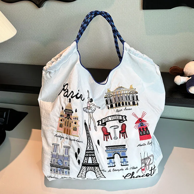 New Ball Chain Embroidered Iron Tower Shopping Bag Large Capacity Nylon Environmental Bag Handheld One Shoulder Crossbody Bag