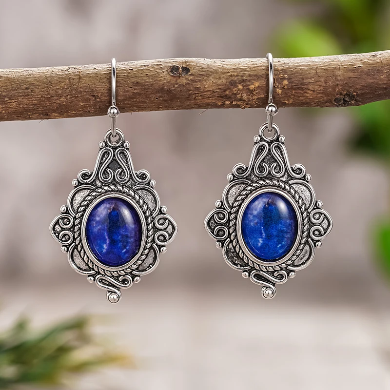 Huitan Charmante, neuartige Tropfenohrringe, kreativer Vintage-Ohrring mit blauem Stein, Ohrpiercing-Zubehör, eleganter, exquisiter Partyschmuck für Damen