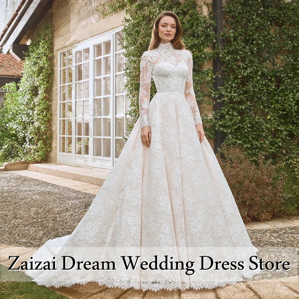 맞춤형 고급 로얄 트레인 로브 하이넥 긴팔 웨딩드레스 여성 레이스 아플리케 웨딩드레스