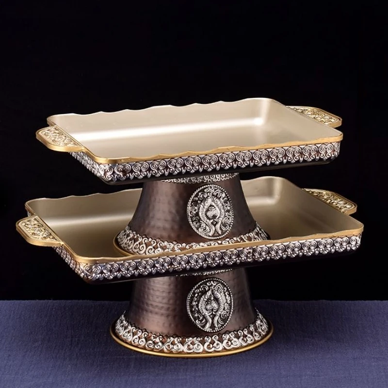 

Buddhism Alloy Square Fruit Dish, Silver Gray Auspicious Large Size, Food Altars Plate, 33cm Tray, Desktop Tibetan Decorative