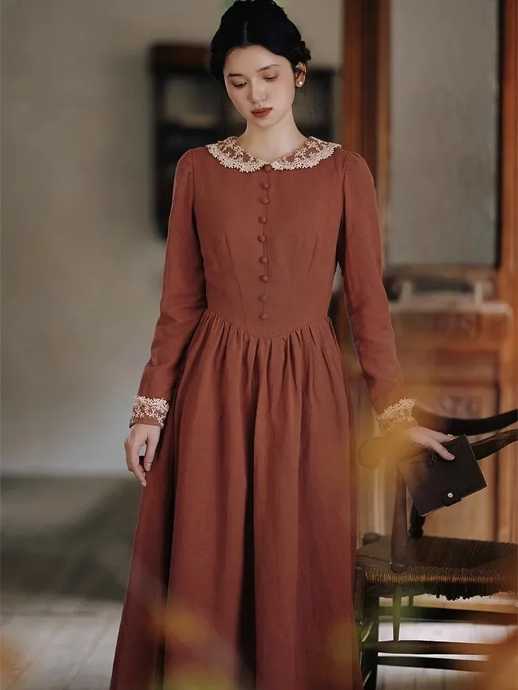 84-96 سنتيمتر التمثال SpringFall فساتين النساء خمر أنيقة ضئيلة الدانتيل بيتر بان طوق كم طويل لينة مريحة فستان قطن رامي