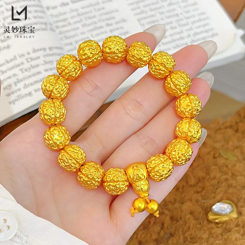

New Chinese style 24K hammer pattern Vajra Bodhi bracelet Walnut 9999 True gold formless Buddha Lotus tee bracelet domineering