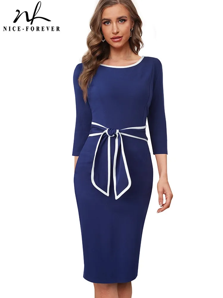 

Nice-Forever Autumn Women Vintage Contrast Color with Sash Dresses Business Office Elegant Bodycon Dress B756