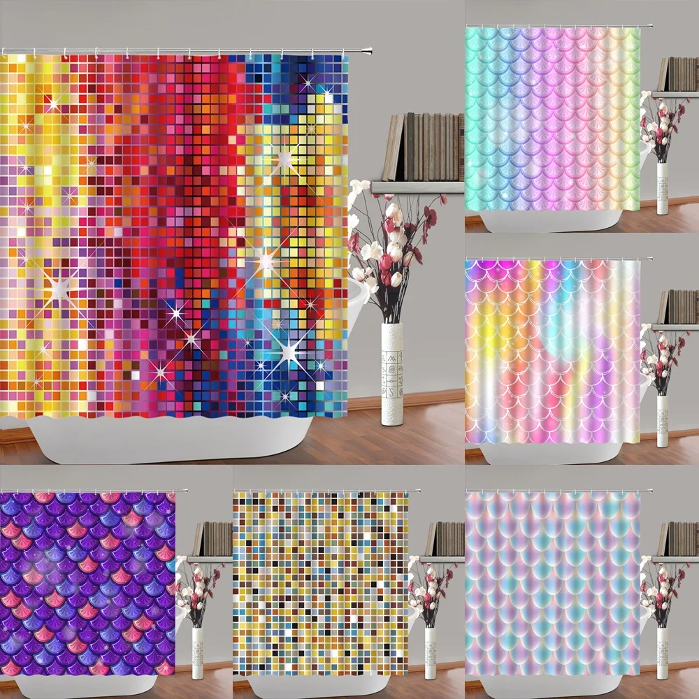 

Colorful Mosaic Lattice Shower Curtain Geometric Plaid Fish Mermaid Scales Bathroom Decor Polyester Fabric Bath Curtains Screen