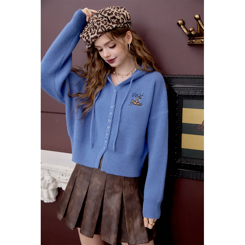 ELFSACK Lazy Embroidered Hooded Drawstring Knit Cardigan For Women