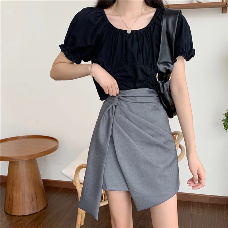 Plaid Irregular Designer Summer Women Skirts Plus Size  Black Gray Pleated Skirts Female High Waist Knot Vintage Mini Skirts