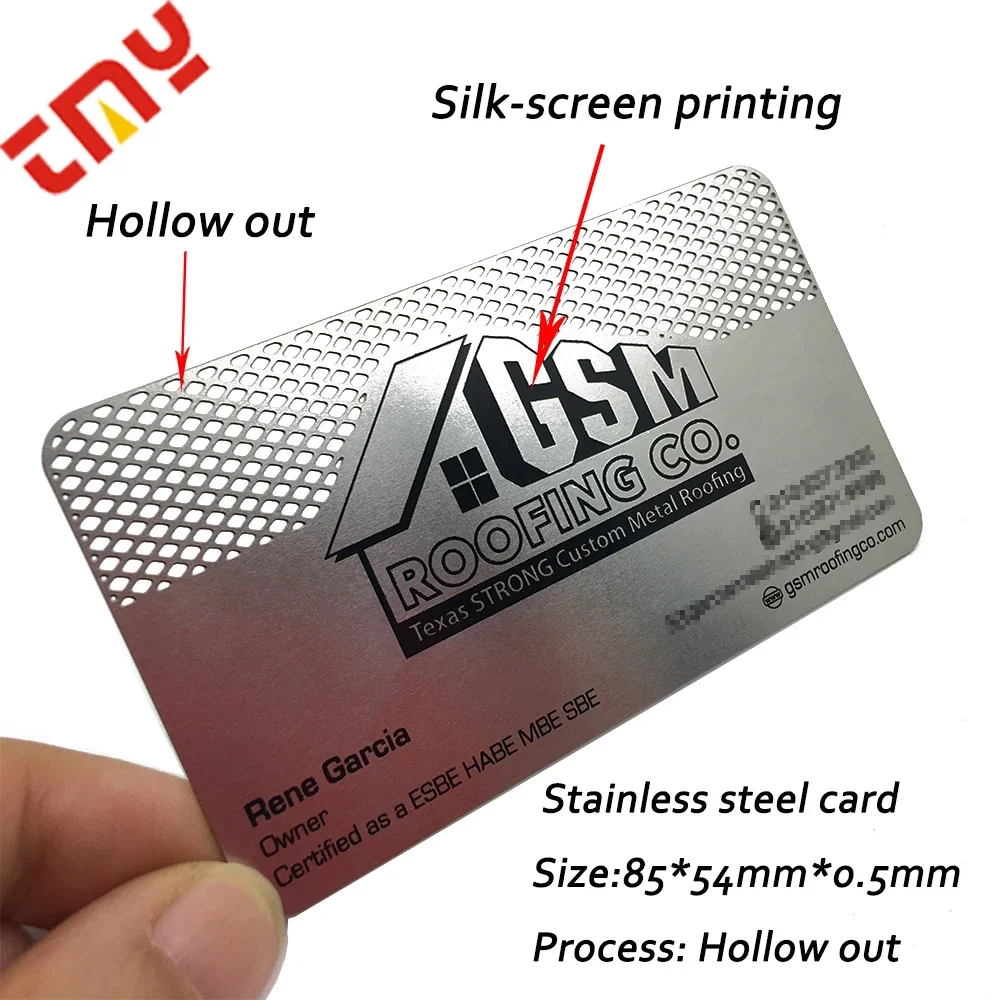 Tarjeta de visita de metal de acero inoxidable hueca con impresión personalizada de alta calidad