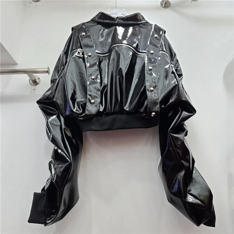 HKSH printemps automne nouvelles femmes veste courte Faux cuir lettre broderie Rivet Double fermeture éclair Streetwear américain élégant HK12019
