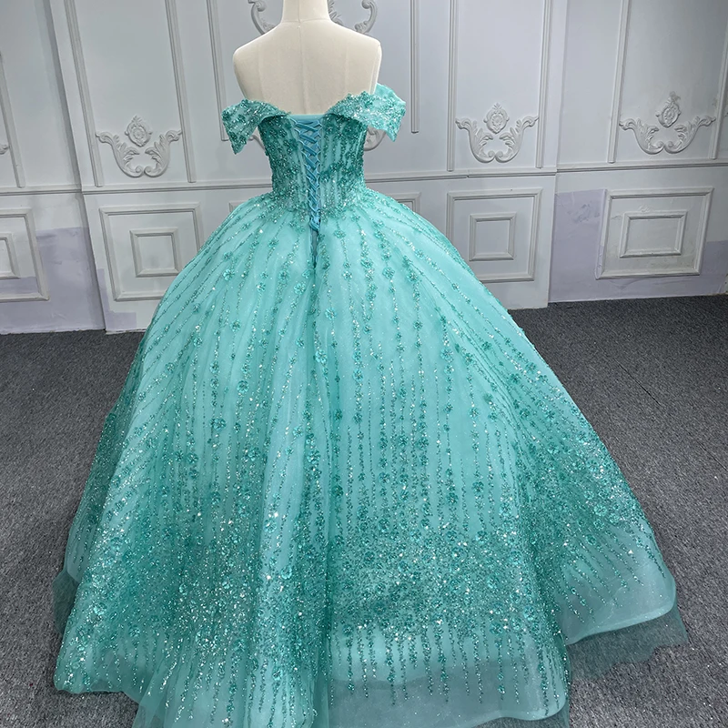 Jancember Green V-neck Ball Gown Sequined Short Sleeves Lace Up International Quinceanera Dresses 2023 Robes De Soirée DY6550-A